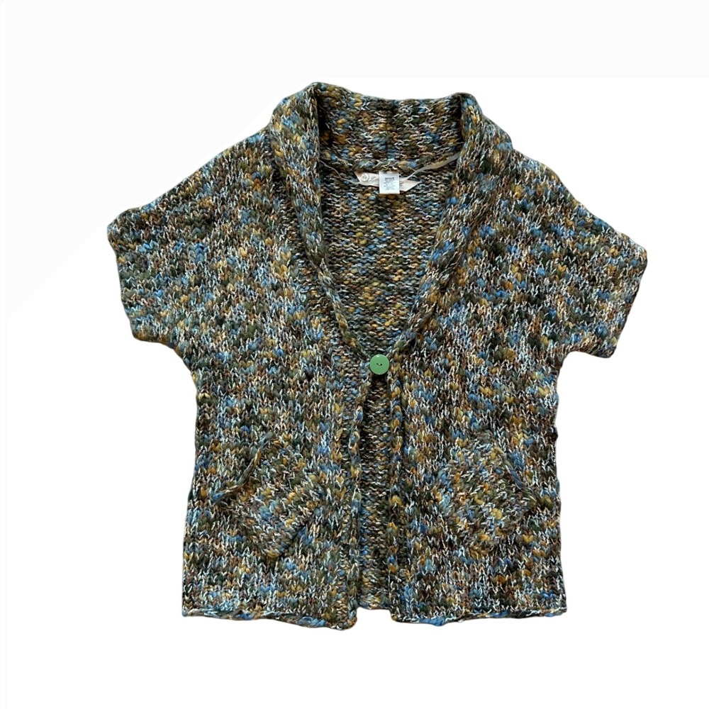 VTG‎ Wool blend multicolor short sleeve 1 button cardigan pockets M